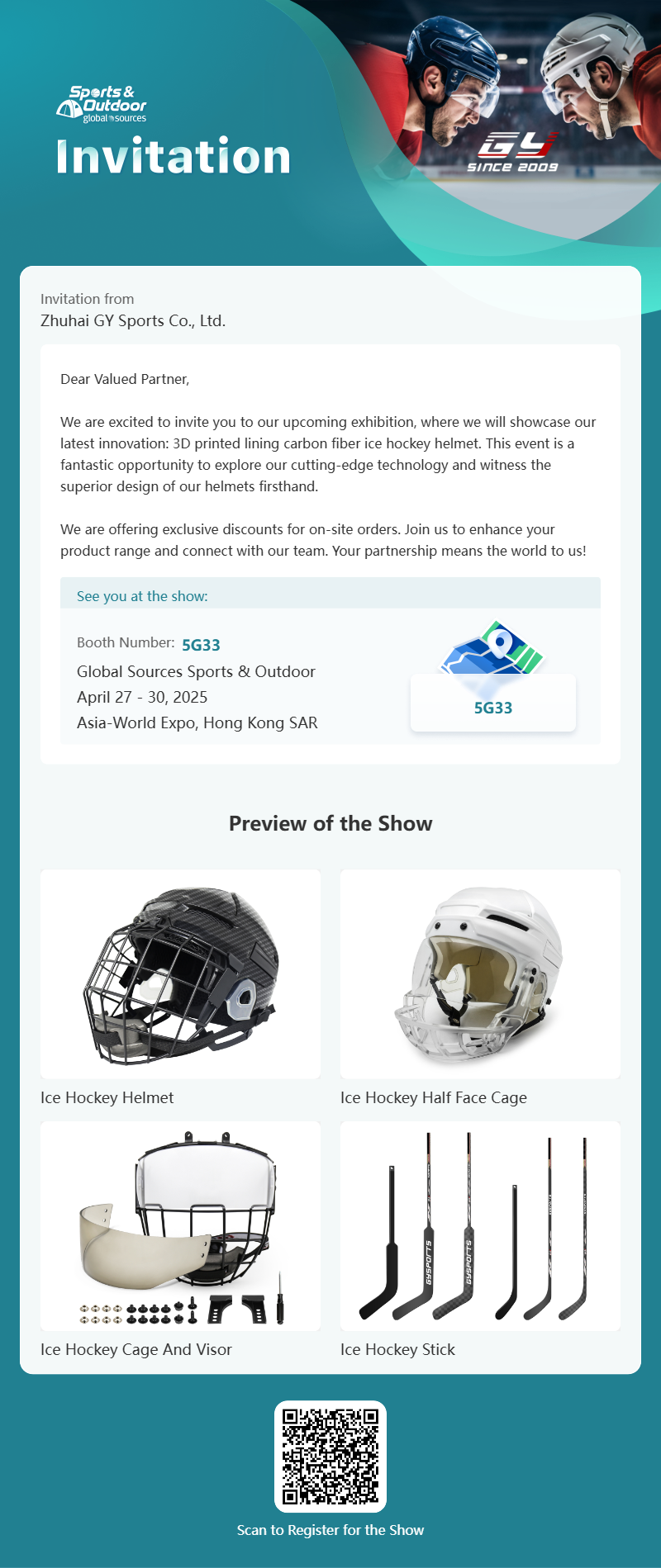 GY Global Sources Sports & Outdoor, 27-30 เมษายน 2568, Asia-World Expo, เขตบริหารพิเศษฮ่องกง, หมายเลขบูธ 5G33
